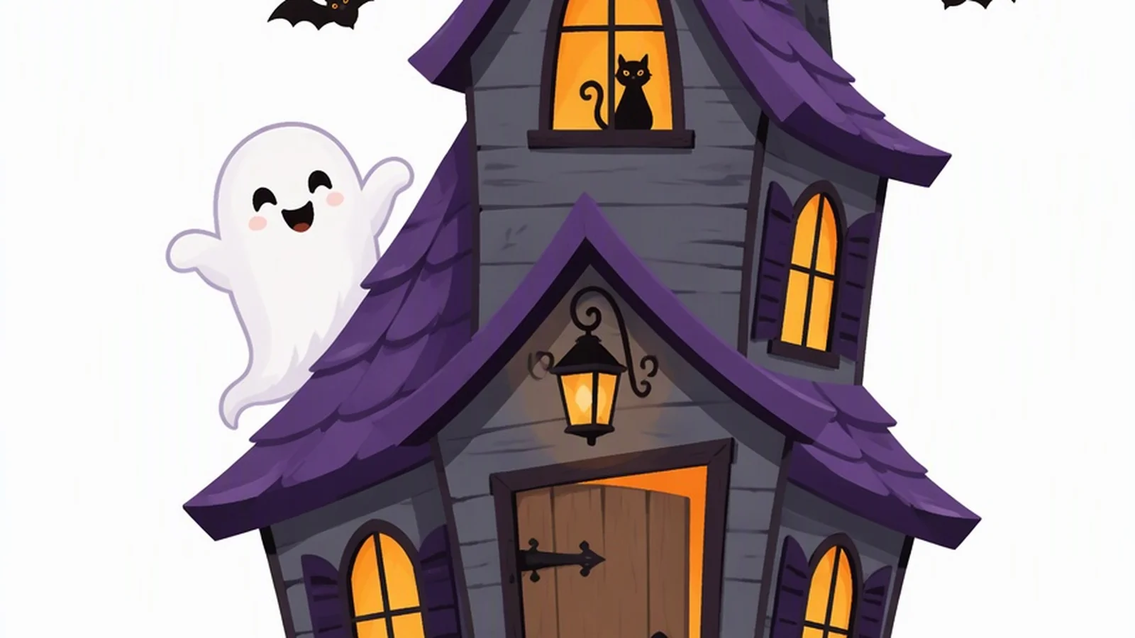 Clean illustration of a friendly haunted house with a glowing attic window and a little ghost on a white background.
