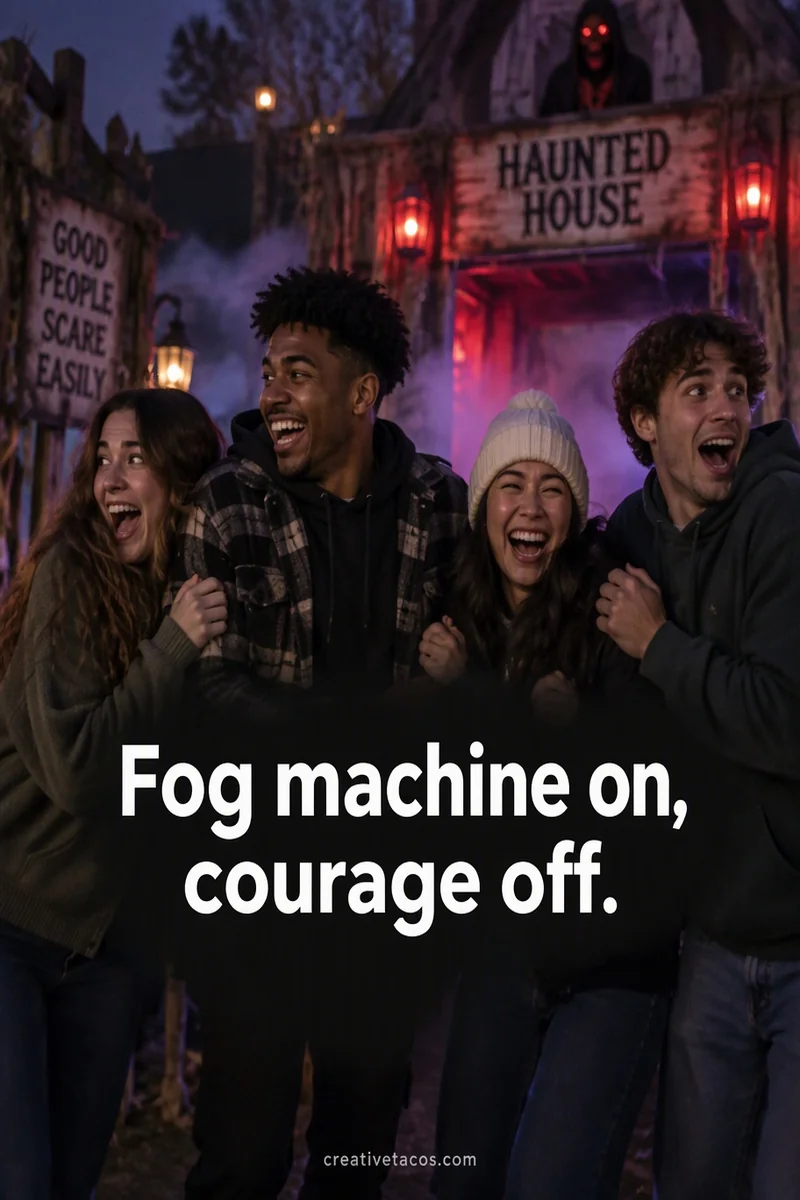 Quote card: Fog machine on, courage off.