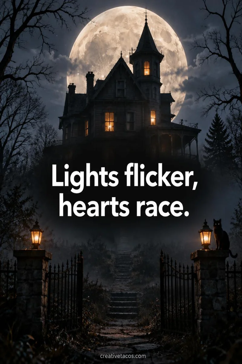 Quote card: Lights flicker, hearts race.