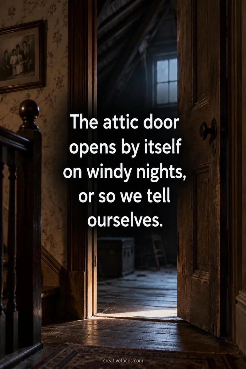 Quote card: The attic door opens by itself on windy nights, or so we tell ourselves.