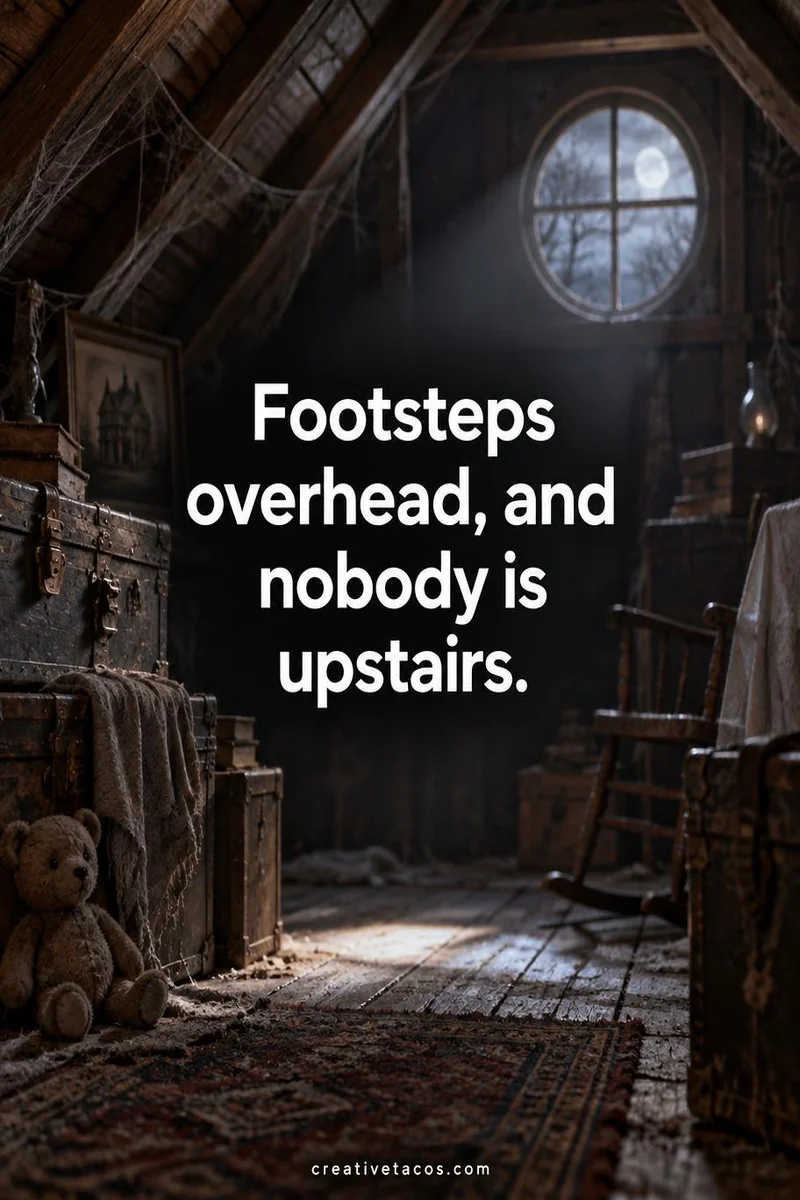 Quote card: Footsteps overhead, and nobody is upstairs.