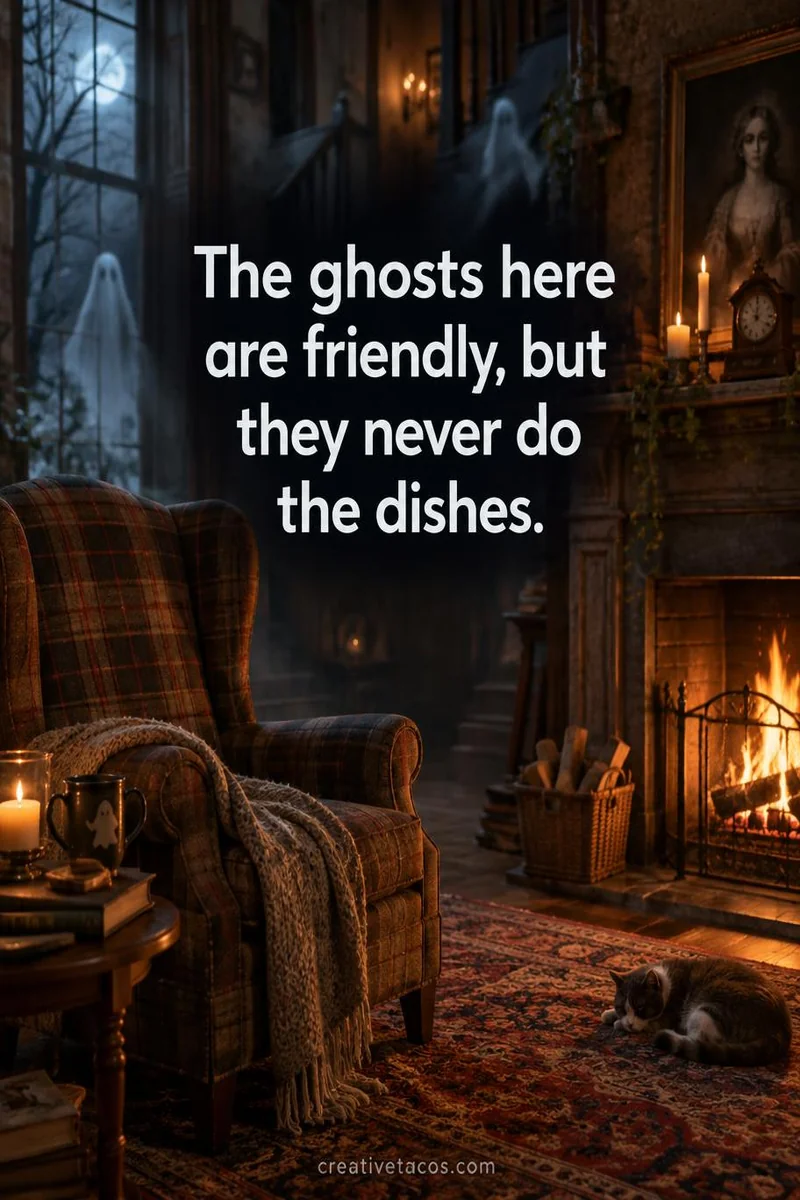 Quote card: The ghosts here are friendly, but they never do the dishes.