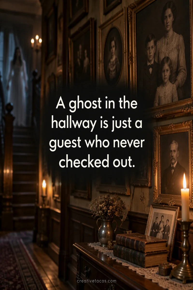 Quote card: A ghost in the hallway is just a guest who never checked out.