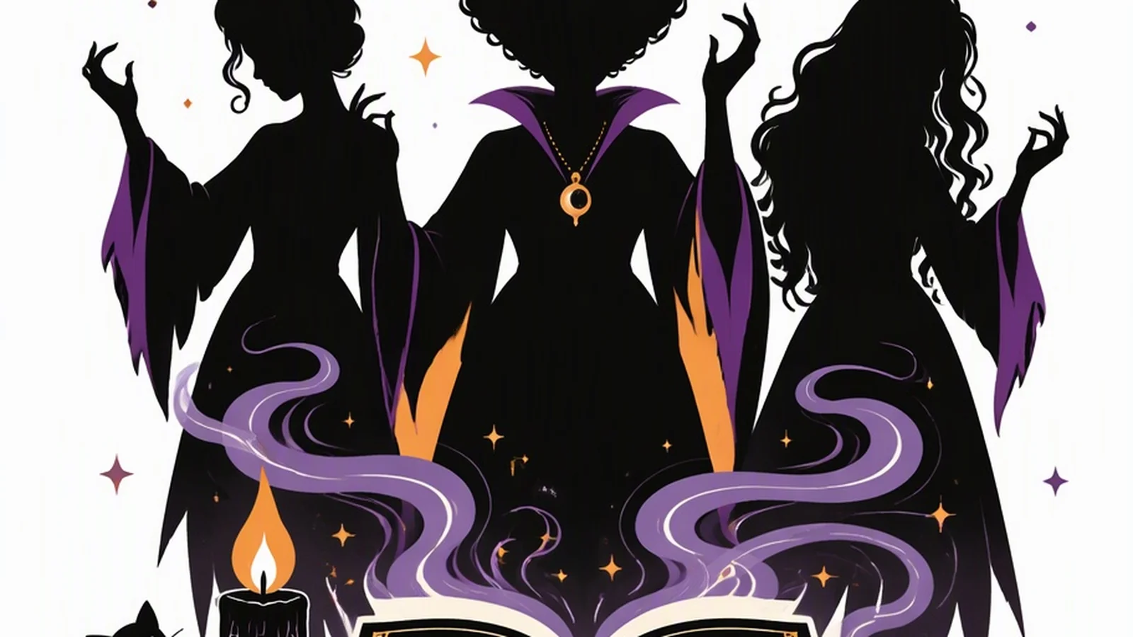 Clean illustration of generic witch sisters, a black flame candle, and a spell book on a white background for Hocus Pocus quotes.