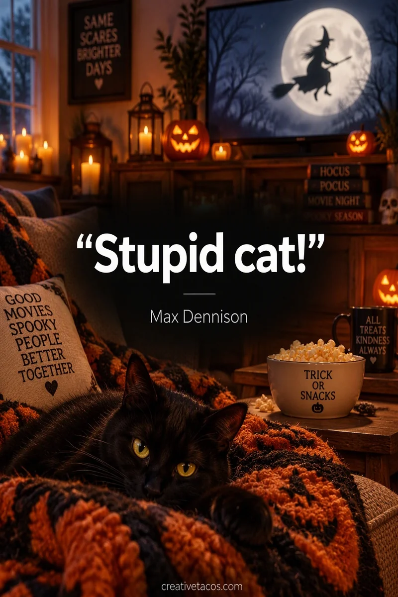 Quote card: "Stupid cat!" – Max Dennison