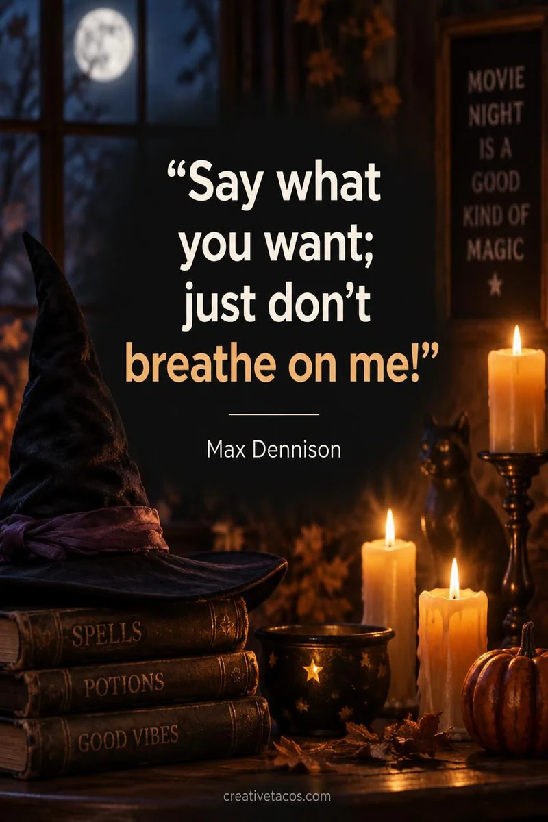 Quote card: "Say what you want; just don't breathe on me!" – Max Dennison