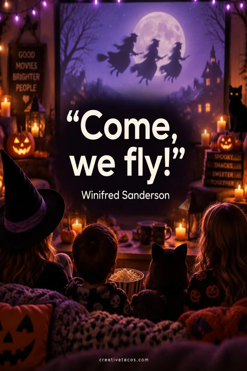 Quote card: "Come, we fly!" – Winifred Sanderson