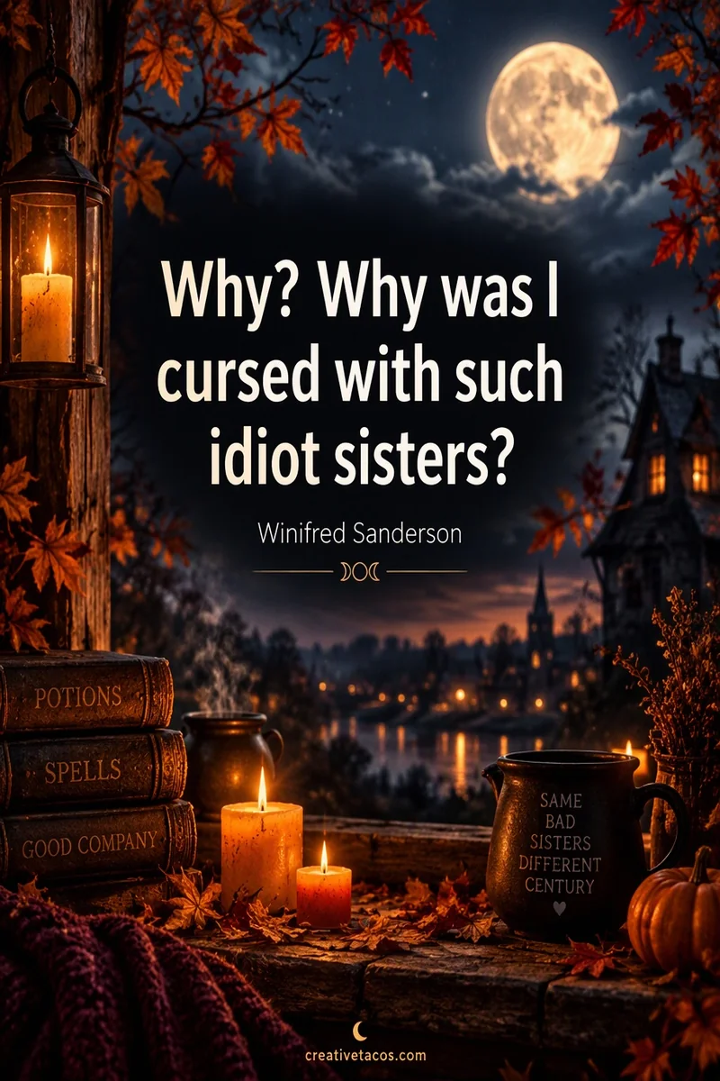 Quote card: "Why? Why was I cursed with such idiot sisters?" – Winifred Sanderson