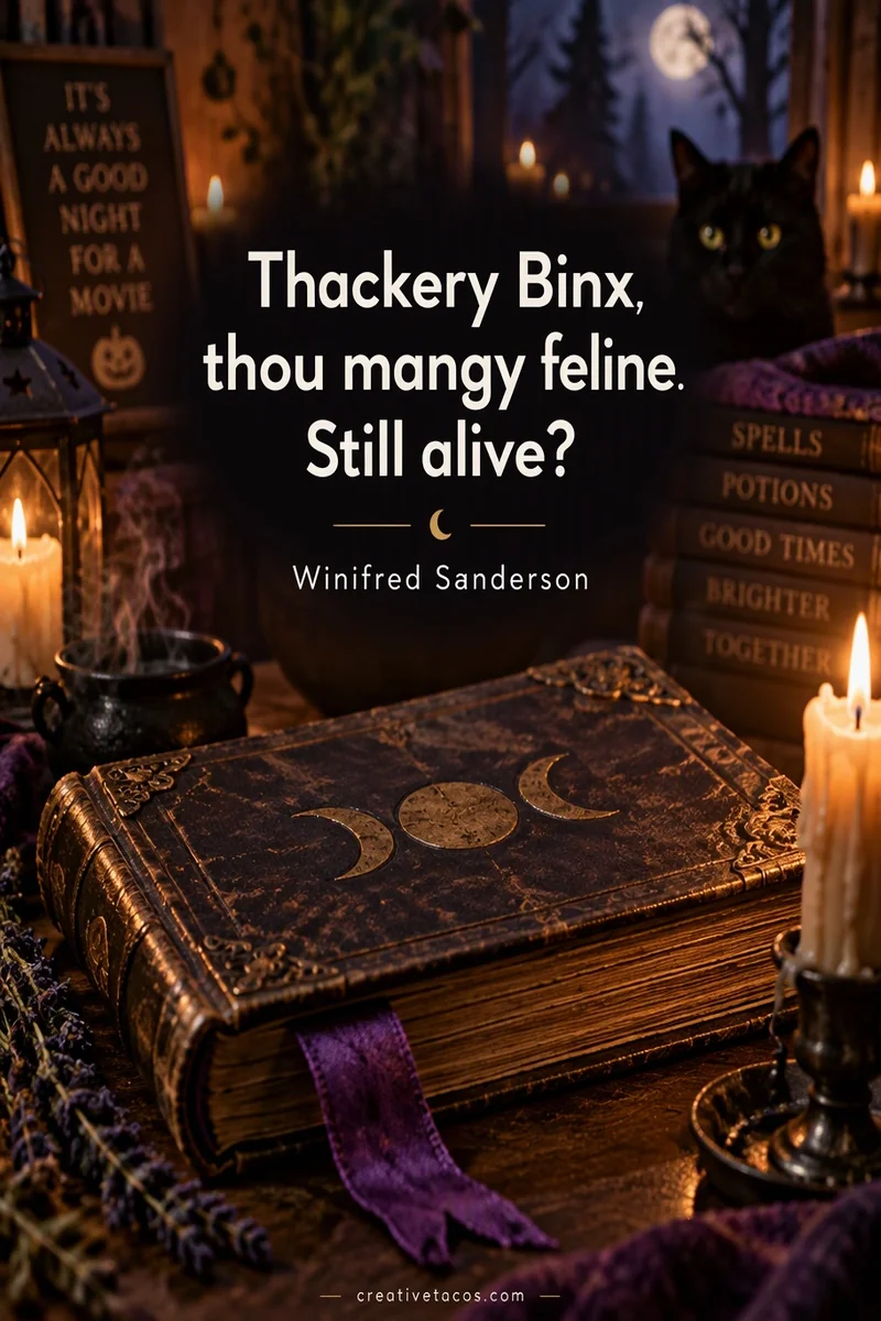 Quote card: "Thackery Binx, thou mangy feline. Still alive?" – Winifred Sanderson