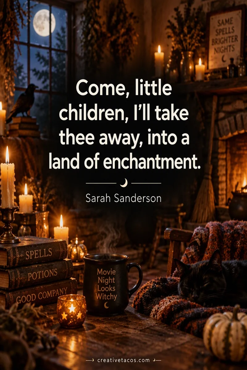 Quote card: "Come, little children, I'll take thee away, into a land of enchantment." – Sarah Sanderson