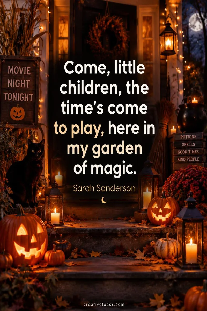 Quote card: "Come, little children, the time's come to play, here in my garden of magic." – Sarah Sanderson