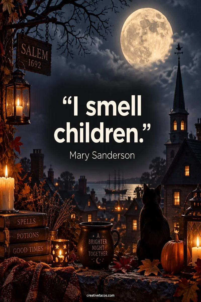 Quote card: "I smell children." – Mary Sanderson