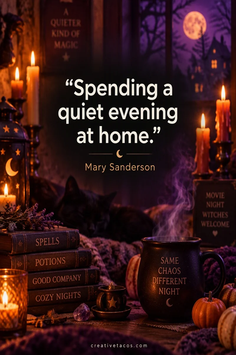 Quote card: "Spending a quiet evening at home." – Mary Sanderson