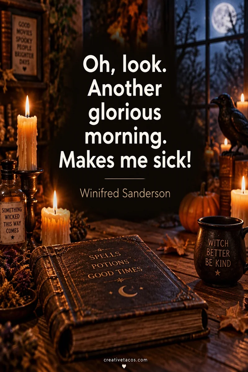 Quote card: "Oh, look. Another glorious morning. Makes me sick!" – Winifred Sanderson