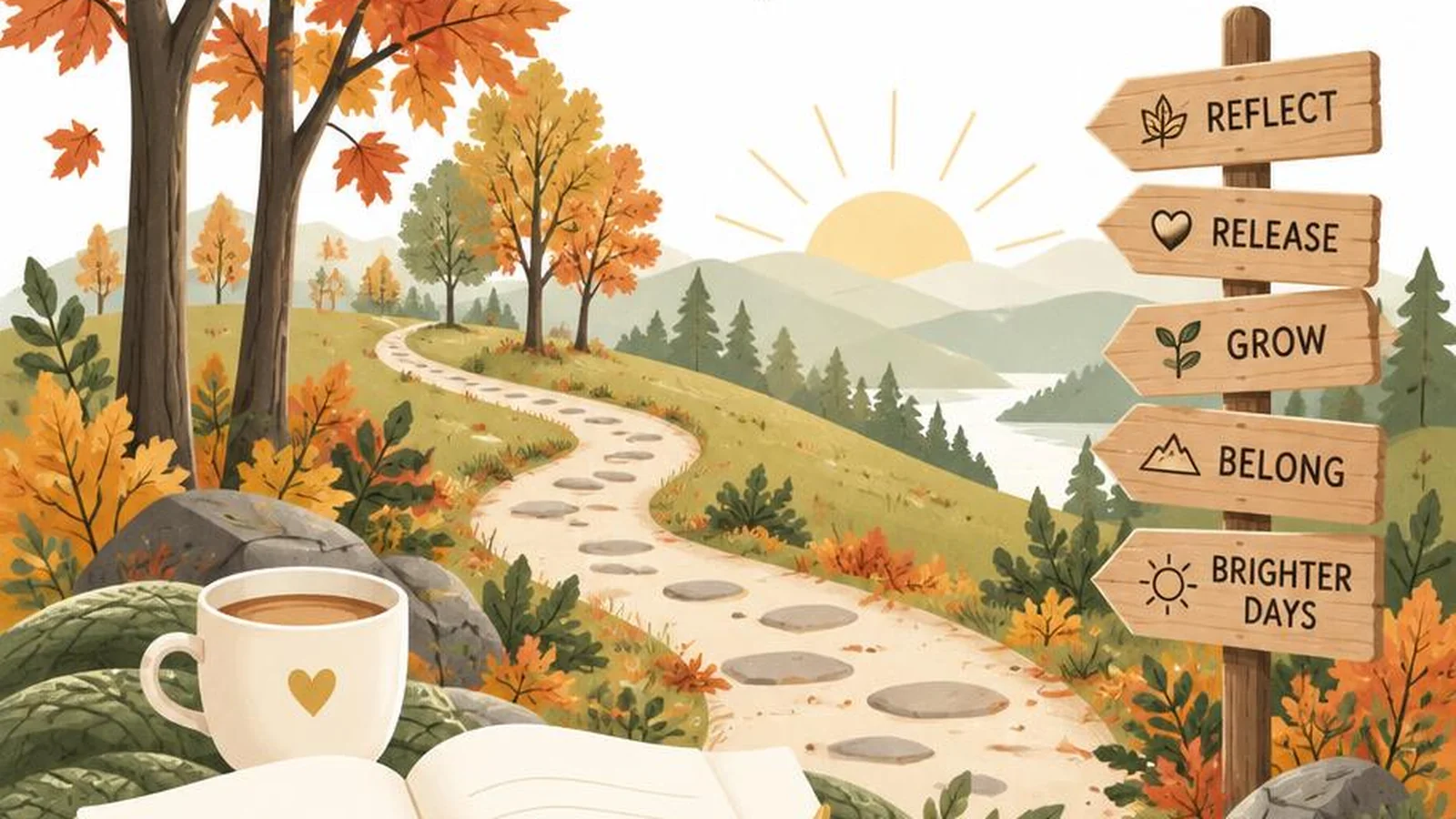 Clean illustration of a path through maple trees and a journal icon on white for inspirational fall quotes.