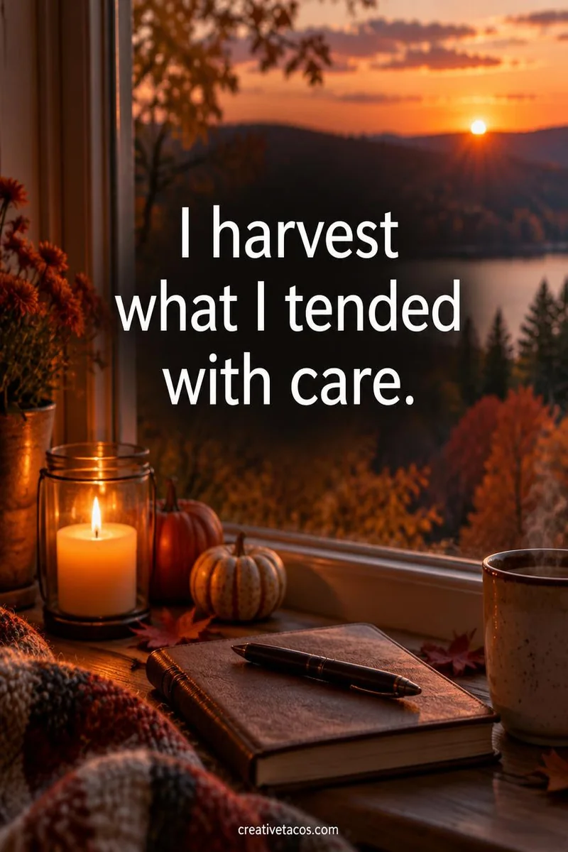 Quote card: I harvest what I tended with care.