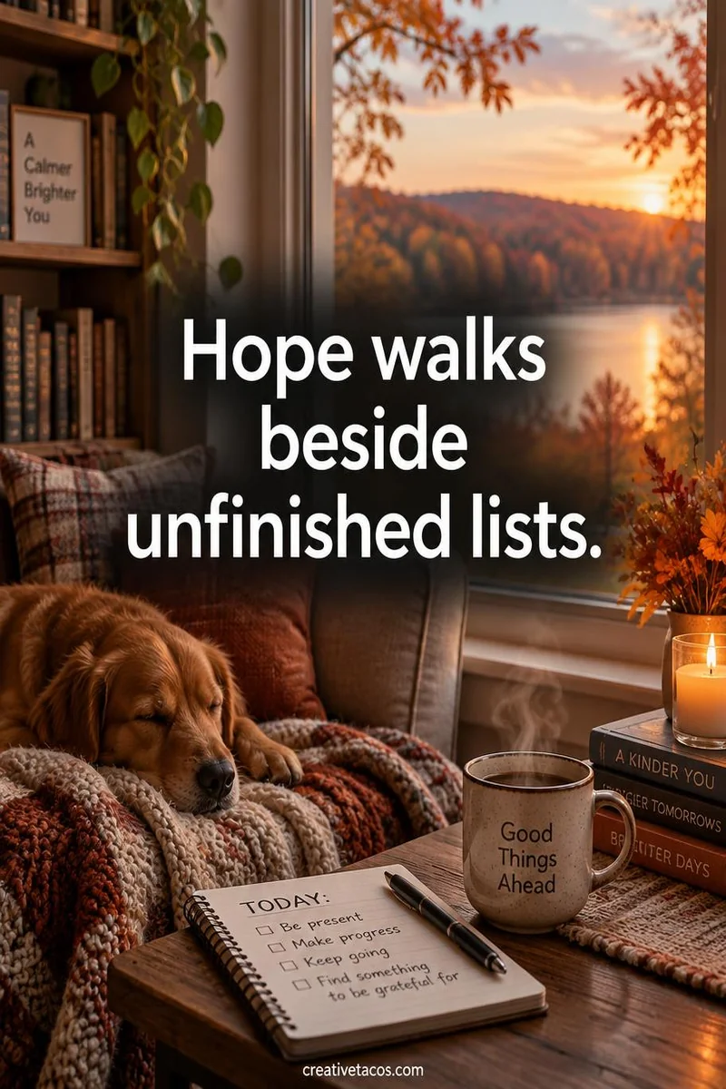 Quote card: Hope walks beside unfinished lists.
