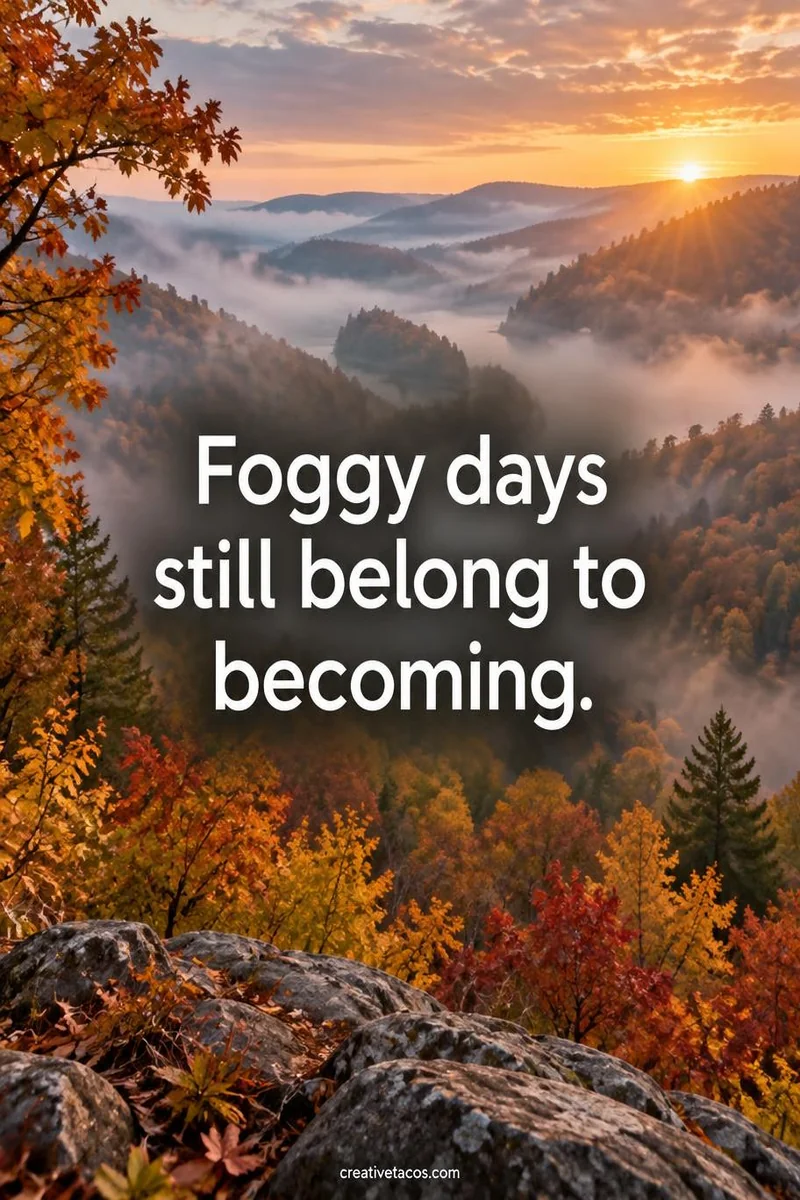 Quote card: Foggy days still belong to becoming.