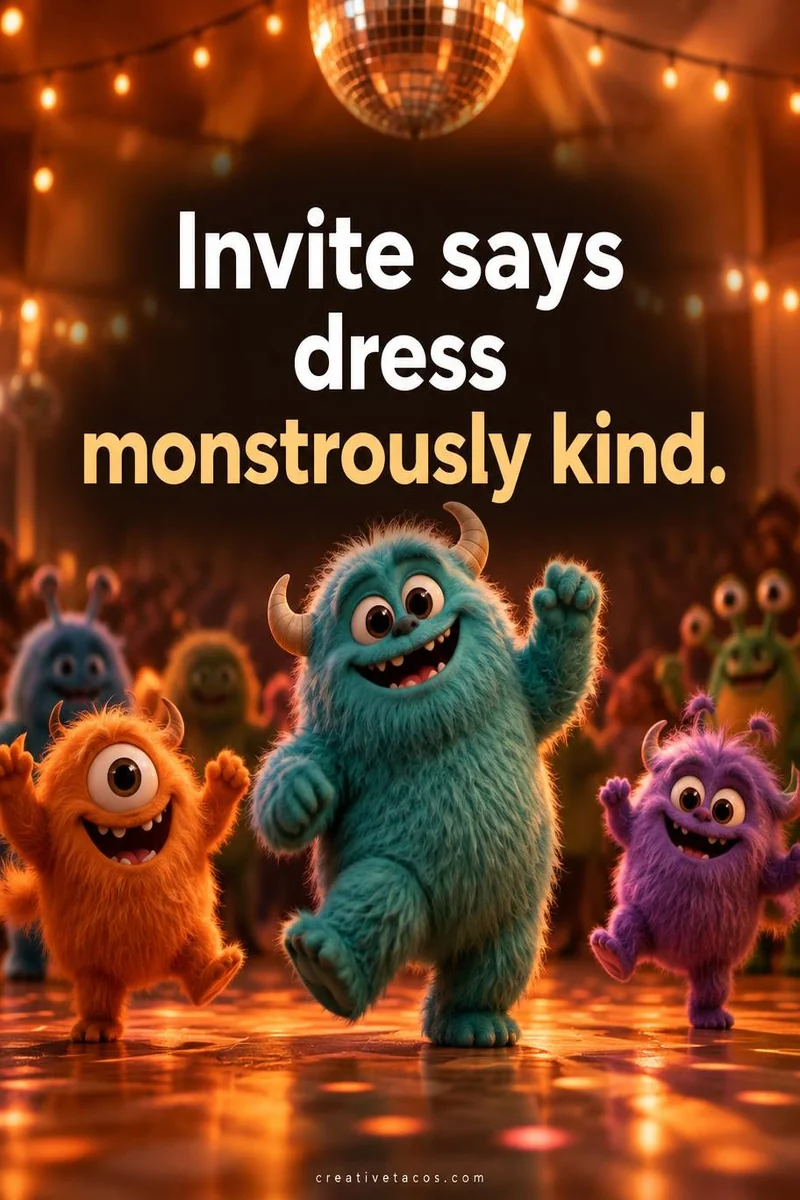 Quote card: Invite says dress monstrously kind.