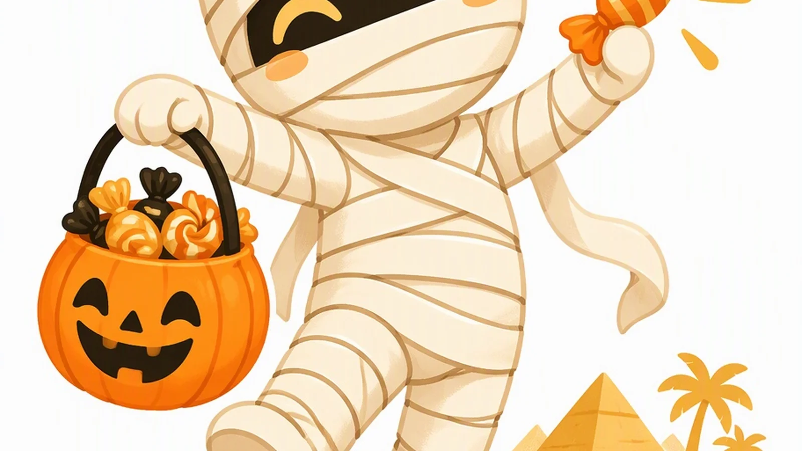 Clean illustration of a friendly cartoon mummy and candy on a white background for mummy puns.