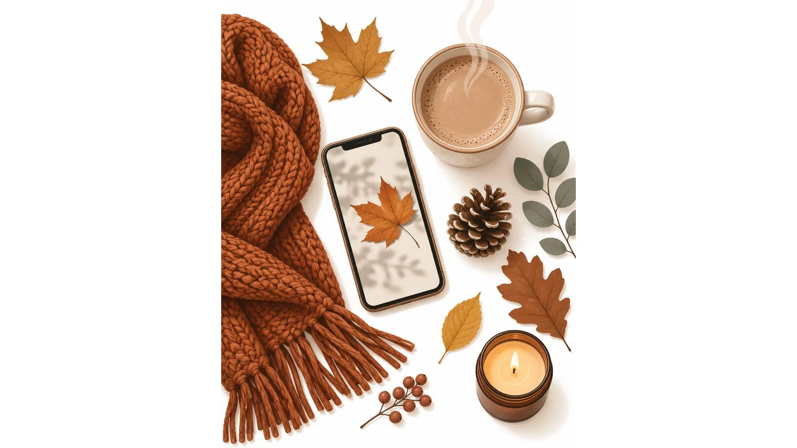 Illustration of a phone, a steaming mug, a knit scarf, autumn leaves, a pinecone, and a candle on a white background for November captions.