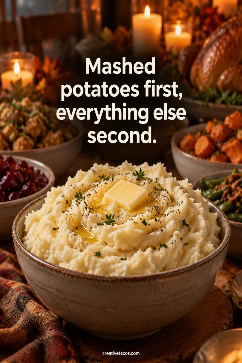 Quote card: Mashed potatoes first, everything else second.