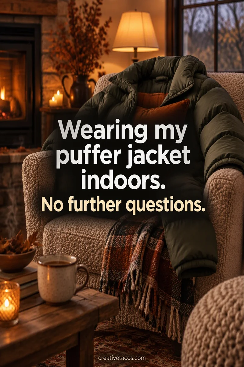 Quote card: Wearing my puffer jacket indoors. No further questions.