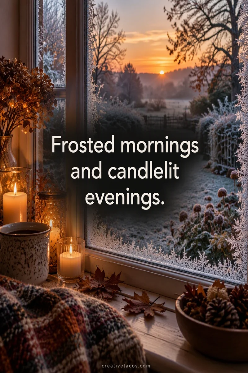 Quote card: Frosted mornings and candlelit evenings.