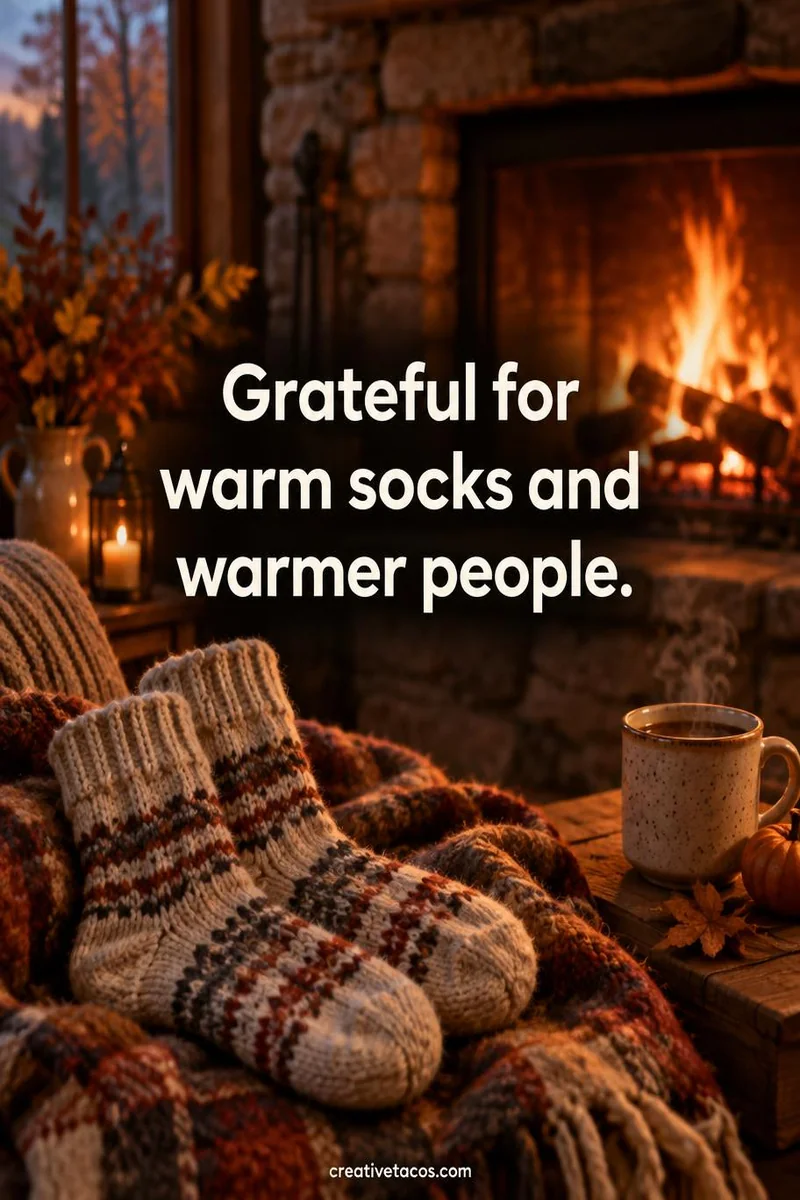 Quote card: Grateful for warm socks and warmer people.