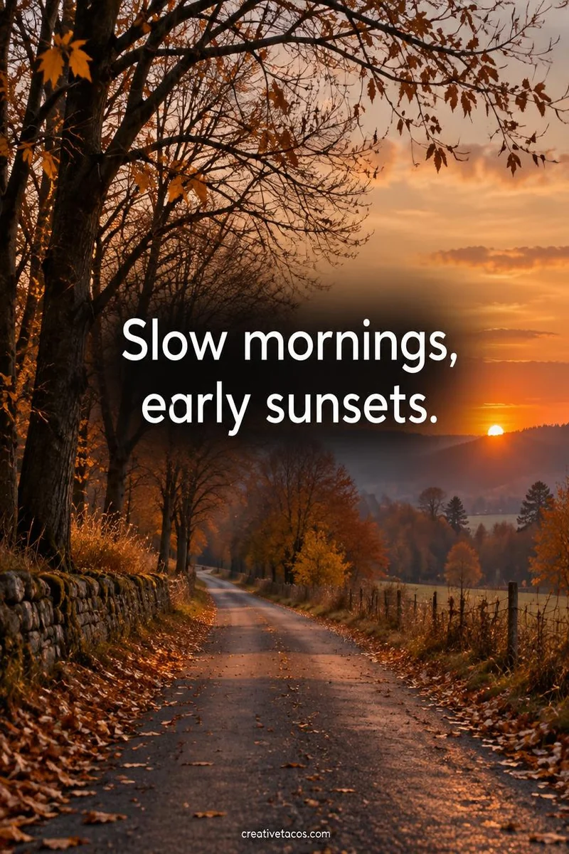 Quote card: Slow mornings, early sunsets.