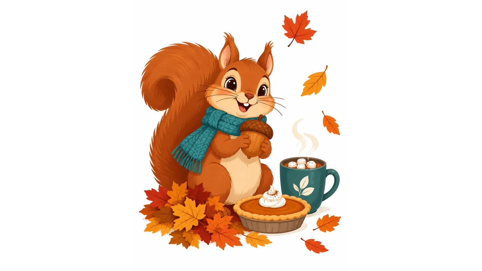 Illustration of a cute squirrel in a scarf with an acorn, a pie, a cocoa mug, and autumn leaves on a white background for November jokes.