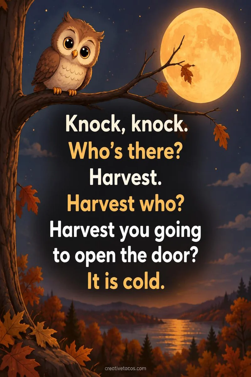 Quote card: Knock, knock. Who's there? Harvest. Harvest who? Harvest you going to open the door? It is cold.