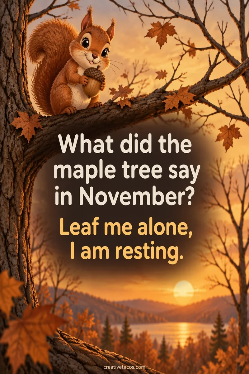 Quote card: What did the maple tree say in November? Leaf me alone, I am resting.