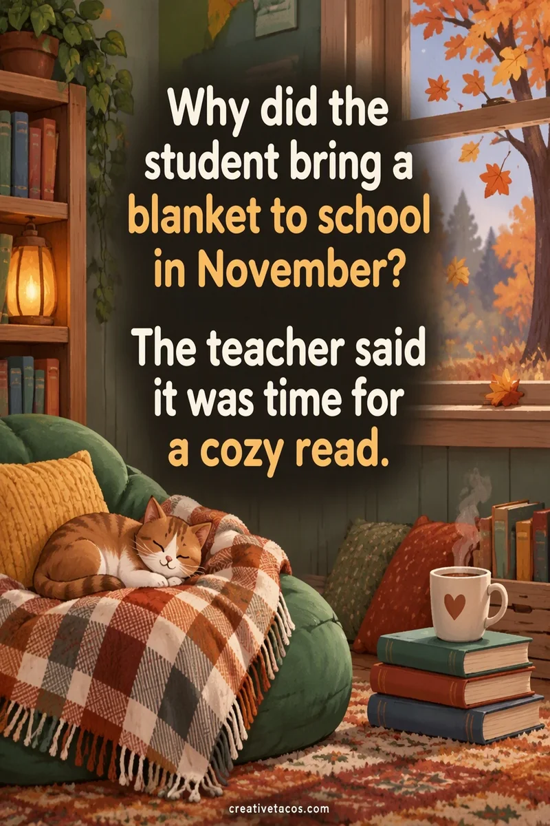 Quote card: Why did the student bring a blanket to school in November? The teacher said it was time for a cozy read.