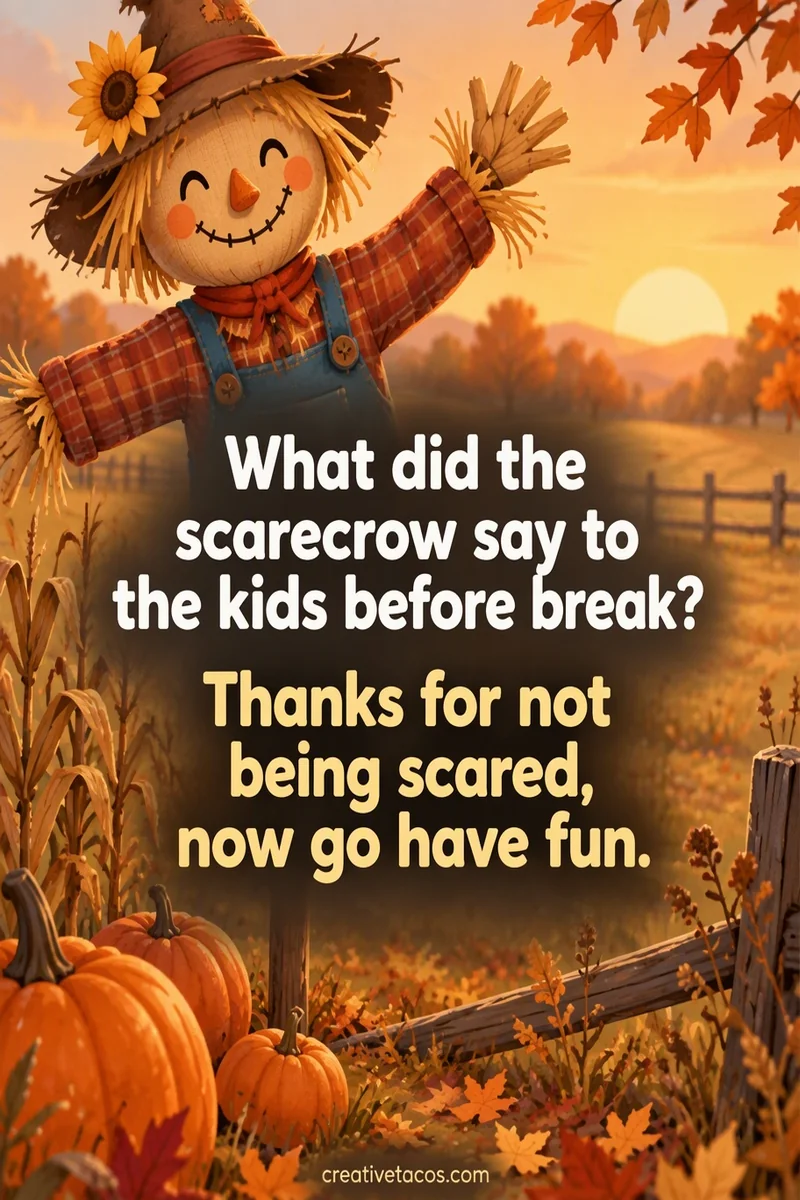 Quote card: What did the scarecrow say to the kids before break? Thanks for not being scared, now go have fun.
