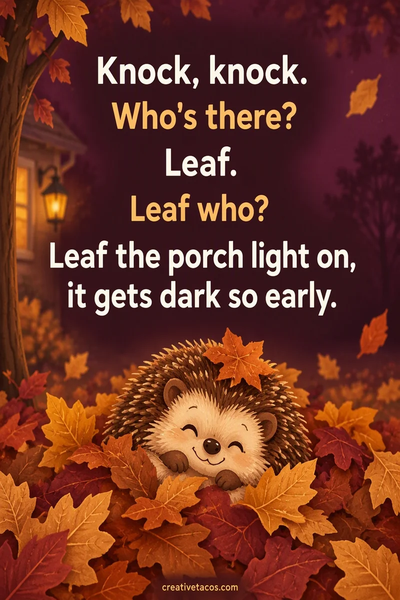 Quote card: Knock, knock. Who's there? Leaf. Leaf who? Leaf the porch light on, it gets dark so early.