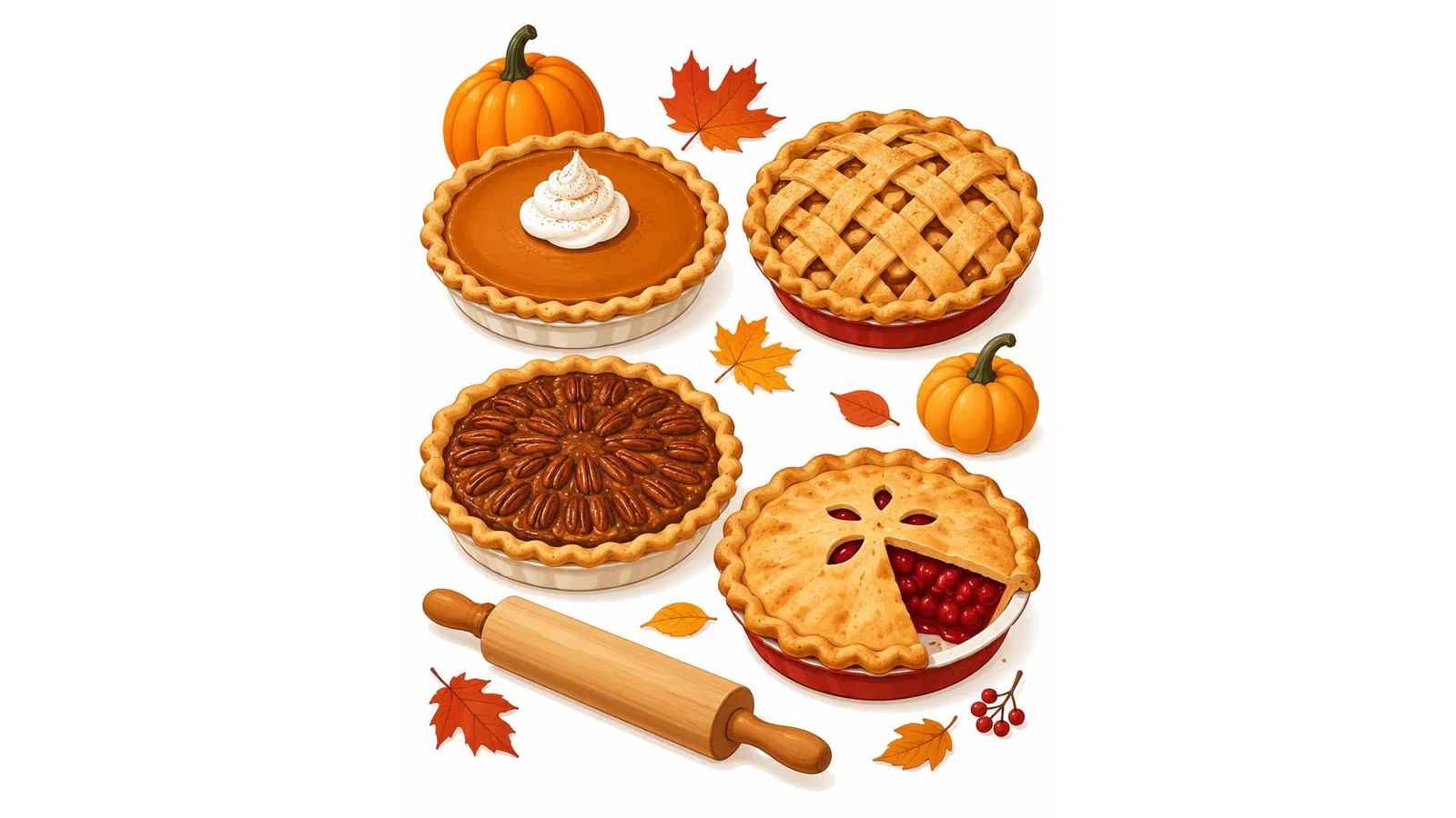 Illustration of pumpkin, apple, pecan, and cherry pies with a rolling pin and autumn leaves on a white background for pie puns.