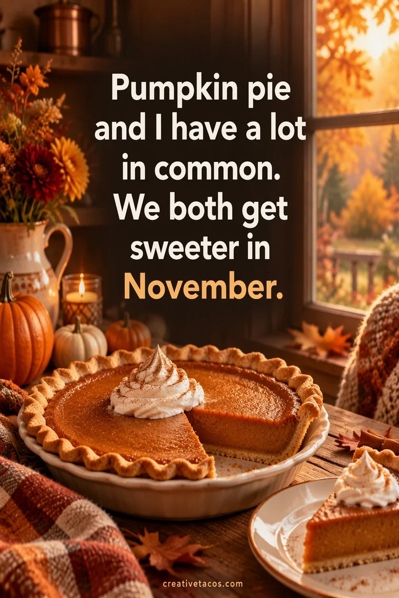 Quote card: Pumpkin pie and I have a lot in common. We both get sweeter in November.