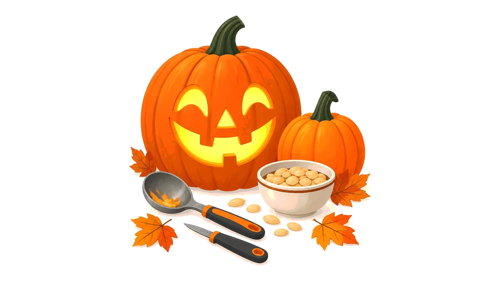 Clean illustration of a glowing jack-o-lantern, a pumpkin, carving tools, and a bowl of seeds on a white background for pumpkin carving captions.