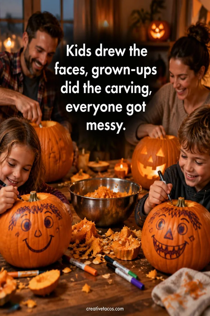 Quote card: Kids drew the faces, grown-ups did the carving, everyone got messy.