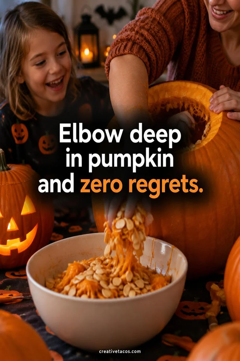 Quote card: Elbow deep in pumpkin and zero regrets.