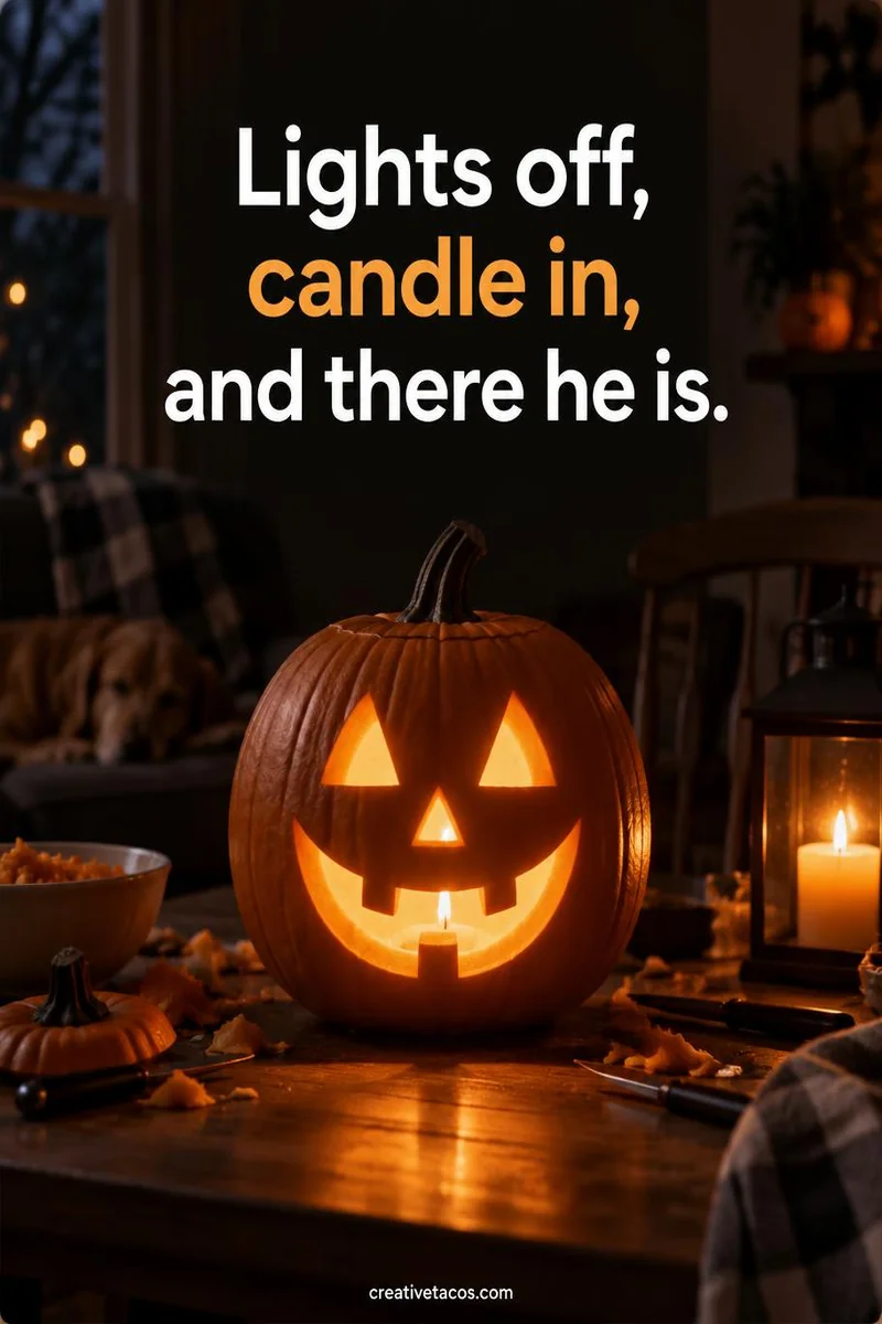 Quote card: Lights off, candle in, and there he is.