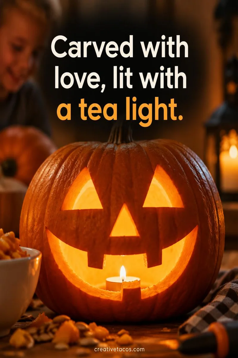Quote card: Carved with love, lit with a tea light.
