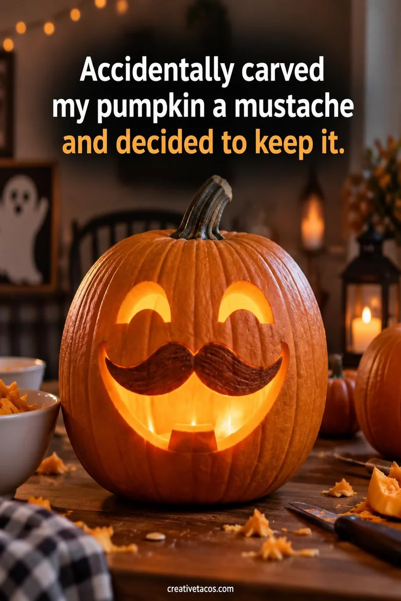 Quote card: Accidentally carved my pumpkin a mustache and decided to keep it.