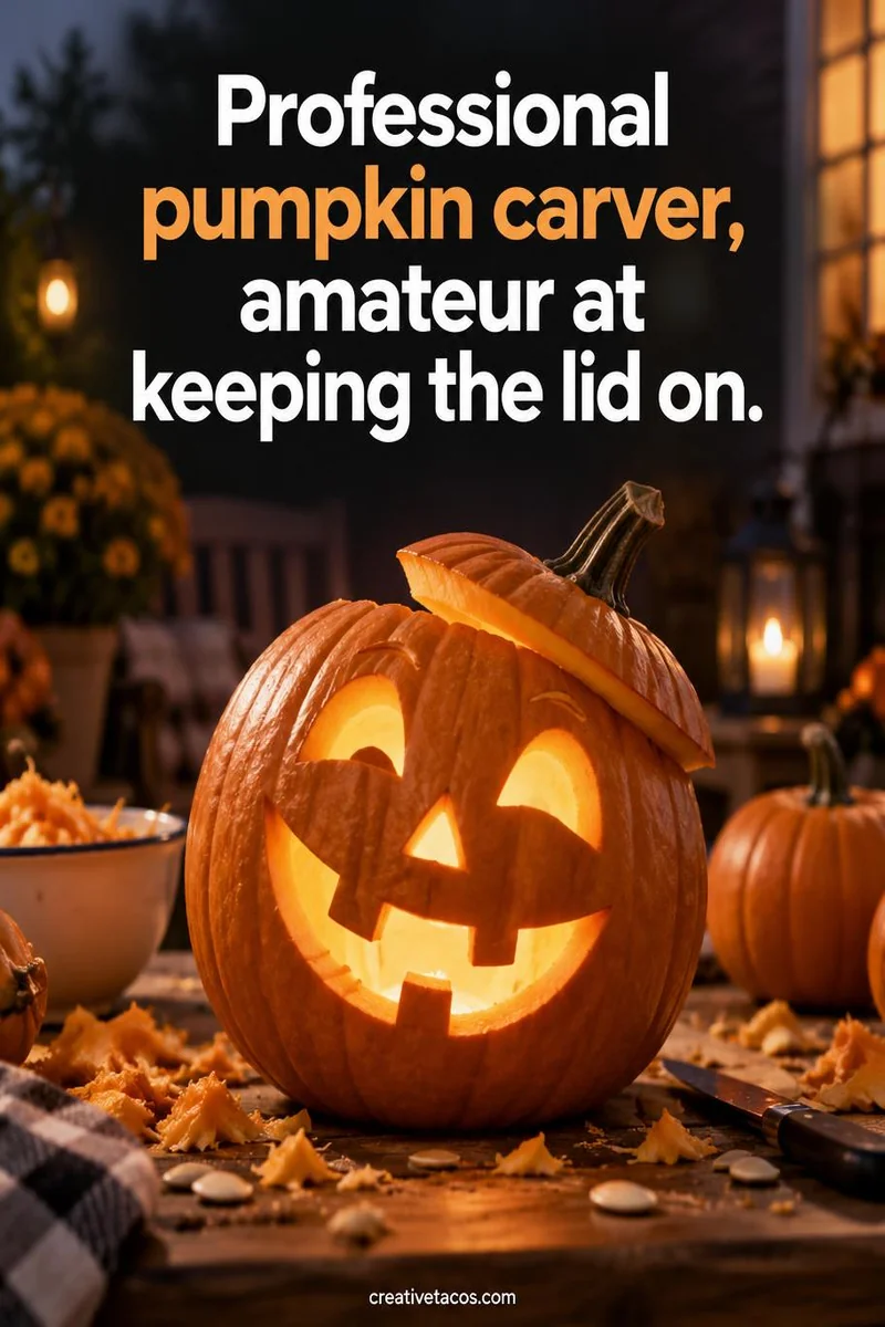 Quote card: Professional pumpkin carver, amateur at keeping the lid on.