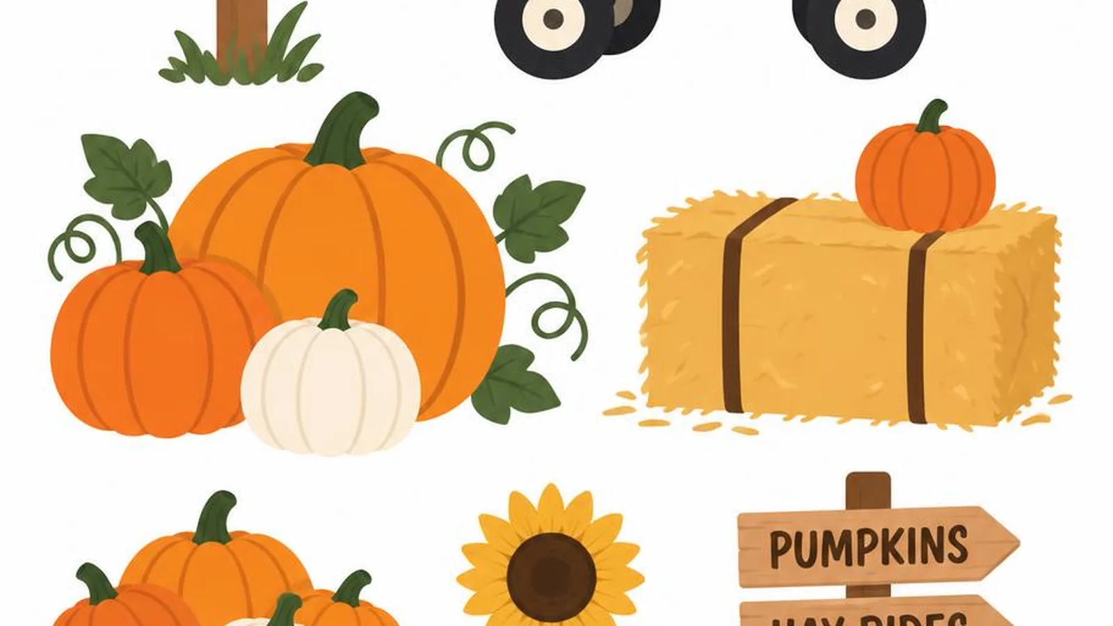 Clean illustration of pumpkins and a wagon on a white background for pumpkin patch captions.