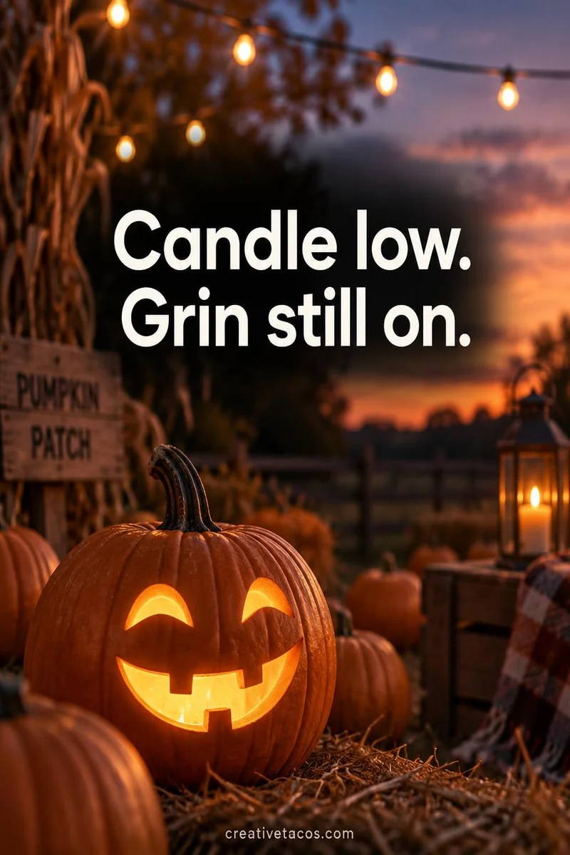 Quote card: Candle low. Grin still on.