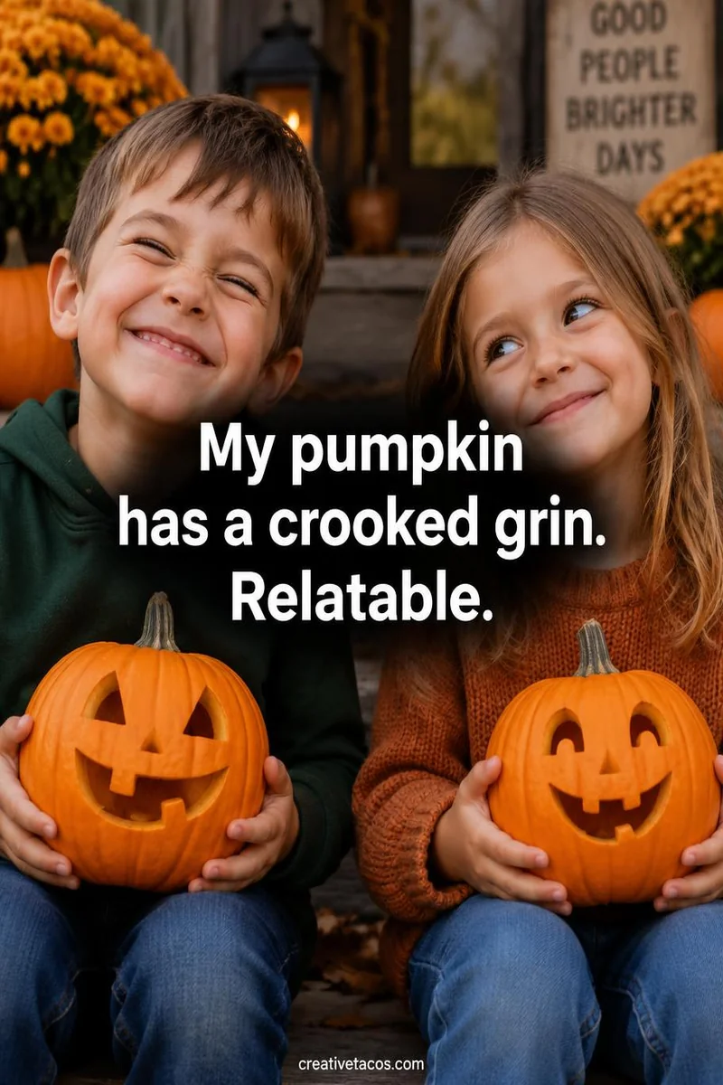 Quote card: My pumpkin has a crooked grin. Relatable.