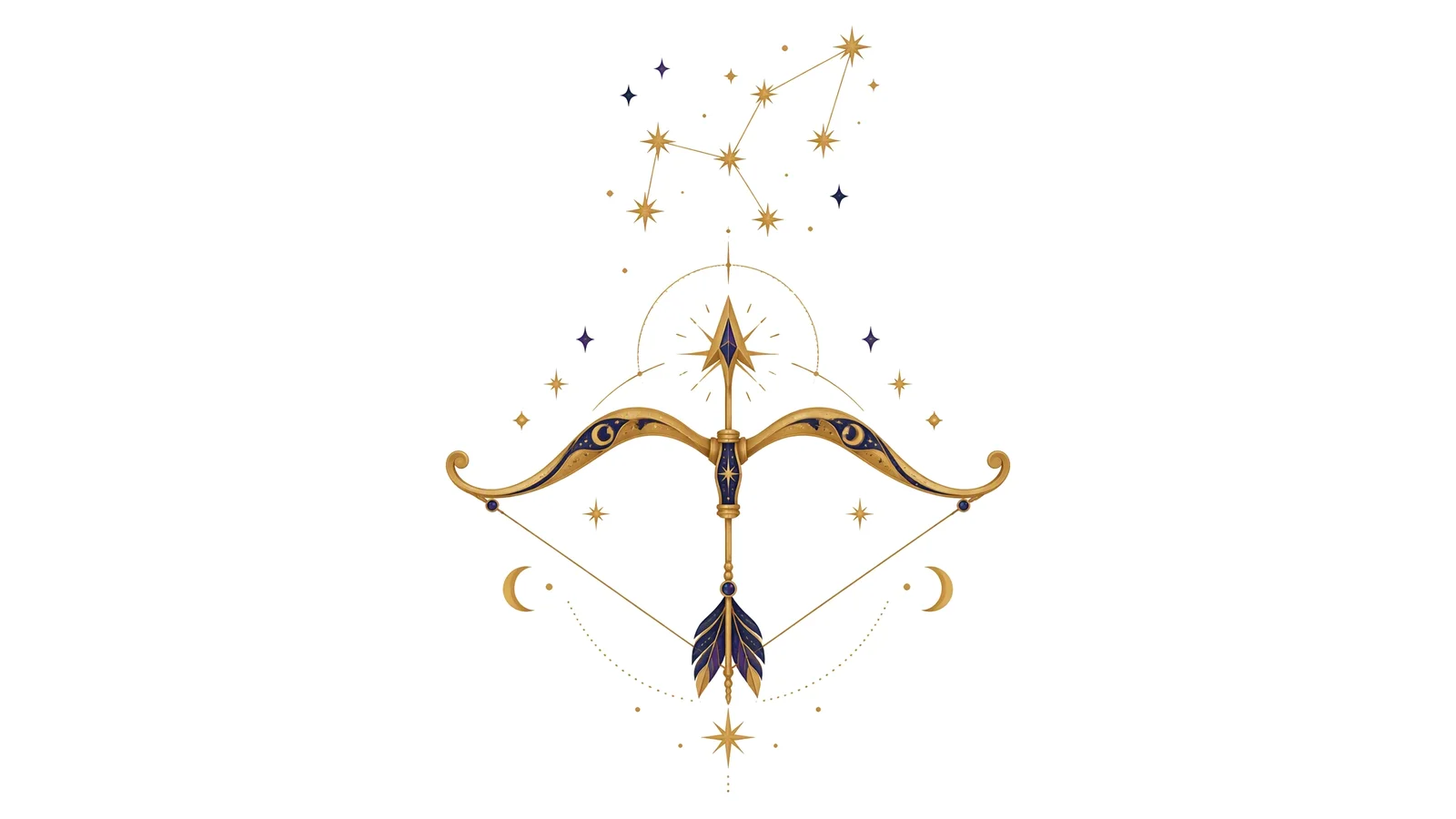 Illustration of a golden bow and arrow with the Sagittarius constellation and gold sparkles on a white background for Sagittarius quotes.