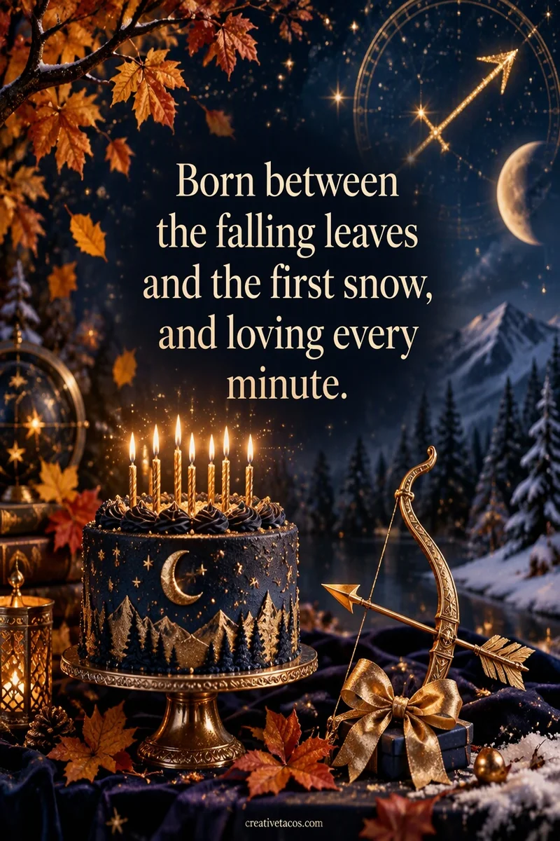 Quote card: Born between the falling leaves and the first snow, and loving every minute.
